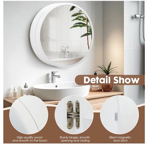 Round White Wall Mirror for Bathroom